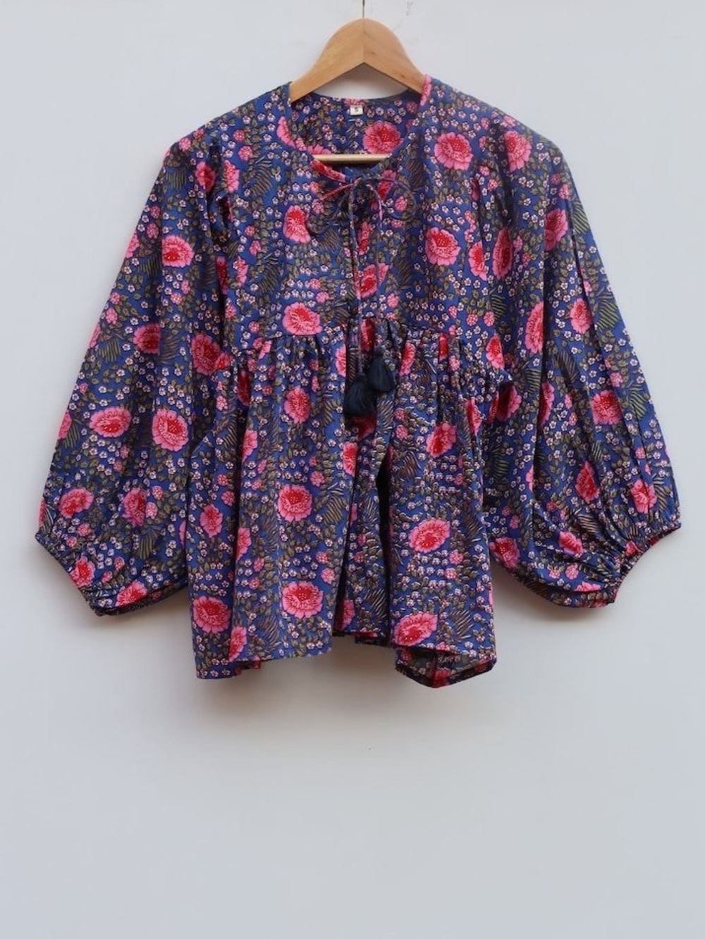 Floral Split-Neck Peasant Top - Purple with Pink Flowers